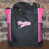 Hockey Mom tote bag with embroidered  logo and puck Hot pink