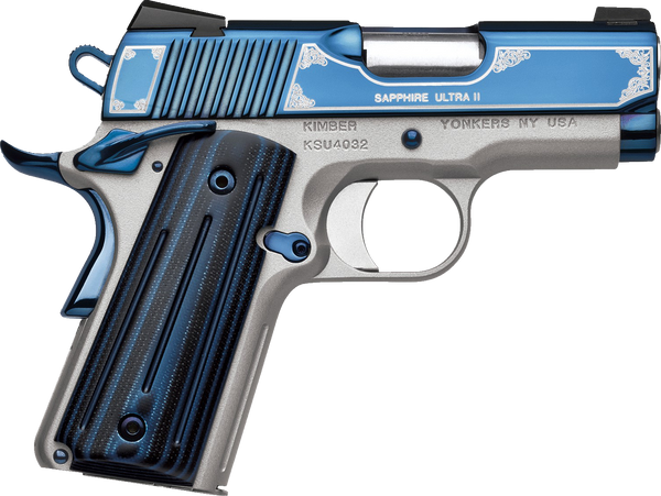Kimber Ultra II 45 ACP 7+1 Sapphire Blue PVD Slide, Satin Silver Frame, G10 Grip