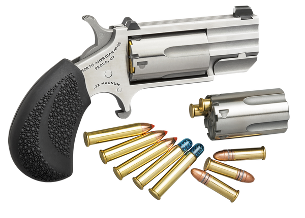 North American Arms PUGDC Pug Revolver: 22 LR/WMR, 5-Round, 1" Barrel, Stainless Steel, Black Rubber Grip, Extra Cylinder Included