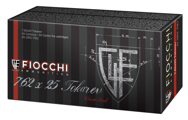 Fiocchi 7.62x25mm Tokarev FMJ Ammo - 88gr, 50 Rounds per Box, 20 Boxes per Case