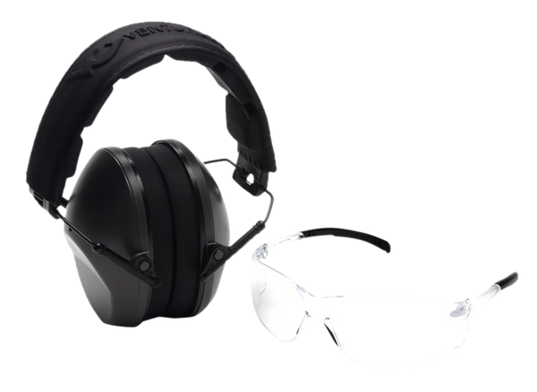 Pyramex VGCOMBO110 Low-Profile Kit: Scratch Resistant Clear Lens & Frame with Gray Earmuffs