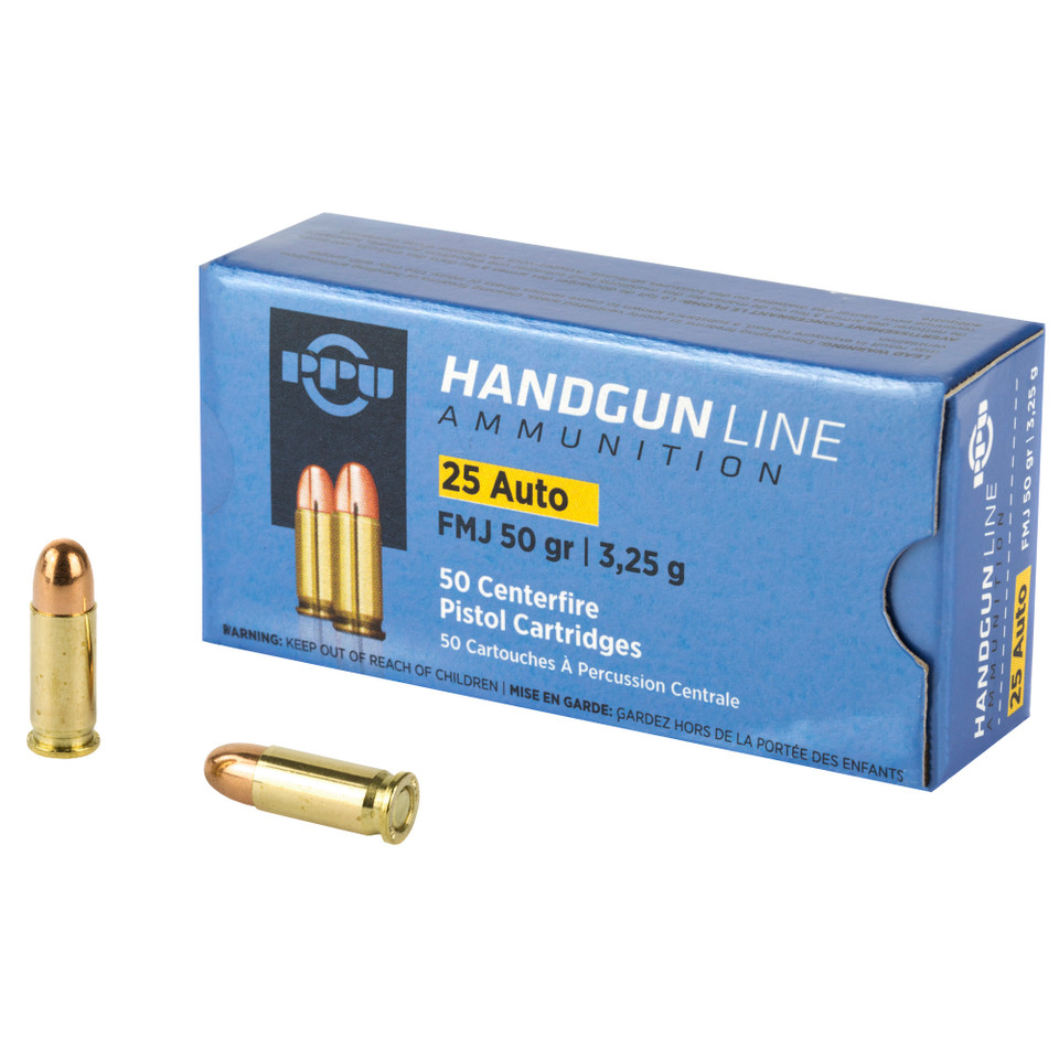 PPU .25 ACP 50 Grain FMJ Ammunition - 50 Rounds/Box, 1000 Rounds/Case