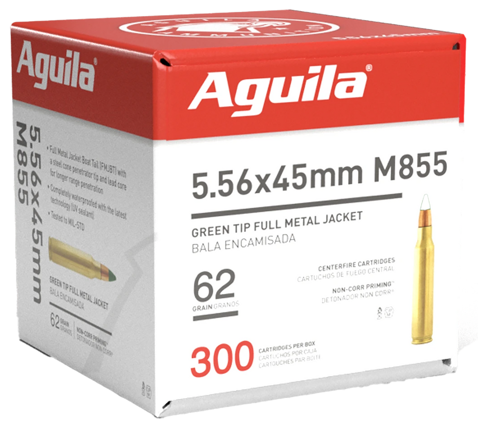 Aguila 5.56x45mm NATO 62gr FMJ BT Green Tip Ammo - 300 Rounds