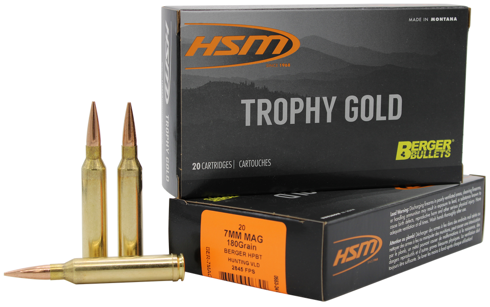 HSM 7mm Rem Mag 180gr Berger VLD Trophy Gold Ammo - 20 Rounds