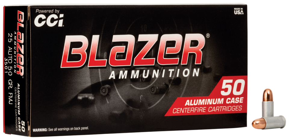 CCI 3501 Blazer 25ACP 50gr TMJ Handgun Ammo - 50 Rounds/Box, 20 Boxes/Case
