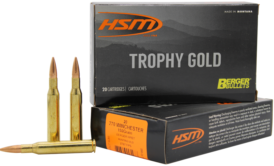 HSM 270 Win 150 gr Berger VLD Trophy Gold Extended Range Ammo - 20 Rounds