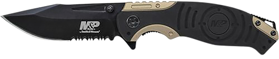 Smith & Wesson SWP13BSCP M&P 3.50" Folding Knife with Part Serrated Blade and Black & Tan Handle