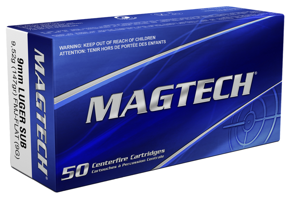 Magtech 9mm Luger 147gr FMJ Flat Subsonic Ammo - 50 Rounds/Box, 20 Boxes/Case