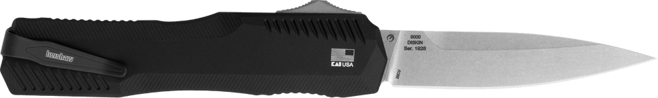 Kershaw 9000 Livewire OTF Knife: 3.30" Stonewashed CPM 20V Blade, Black Aluminum Handle, Pocket Clip