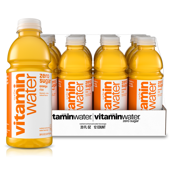 A 12 pack of 20 ounce vitaminwater zero sugar rise, orange