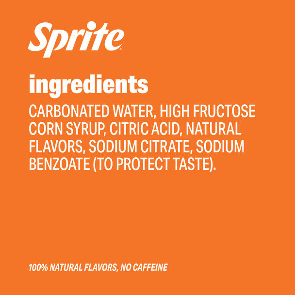 Sprite ingredients: Carbonated water, high fructose corn syrup, citric acid, natural flavors, sodium citrate sodium, benzoate (to protect taste)