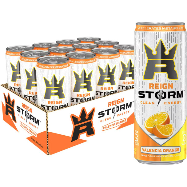 A 12 pack of 12 ounce Reign Storm clean energy Valencia orange.