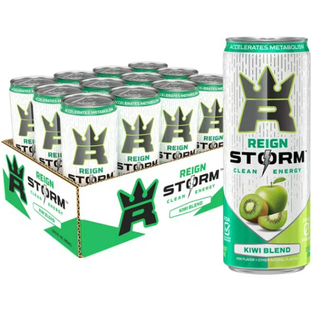 A 12 pack of 12 ounce Reign Storm clean energy kiwi blend.