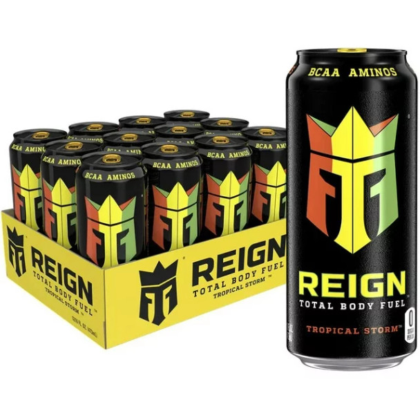 A 12 pack of 16 ounce Reign Total Body Fuel Tropical Storm.