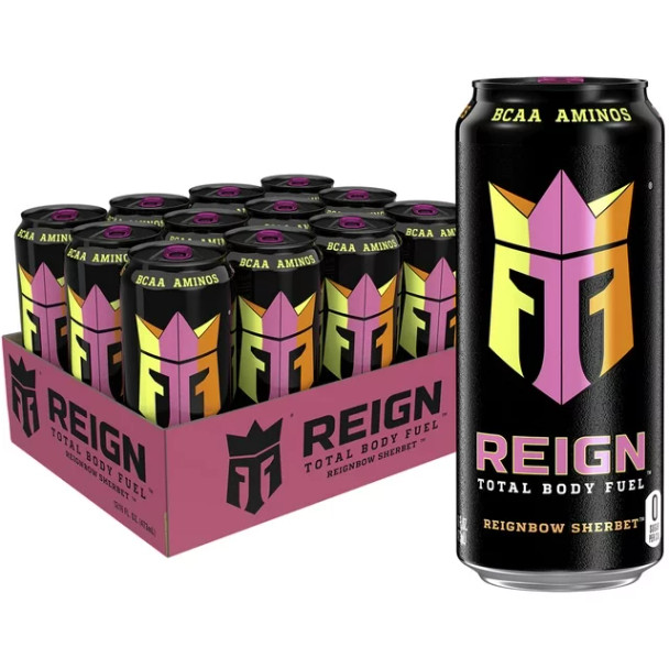 A 12 pack of 16 ounce Reign Total Body Fuel Reignbow Sherbet