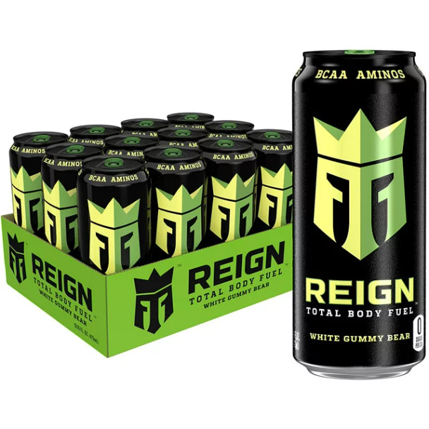 A 12 pack of 16 ounce Reign Total Body Fuel white gummy bear.