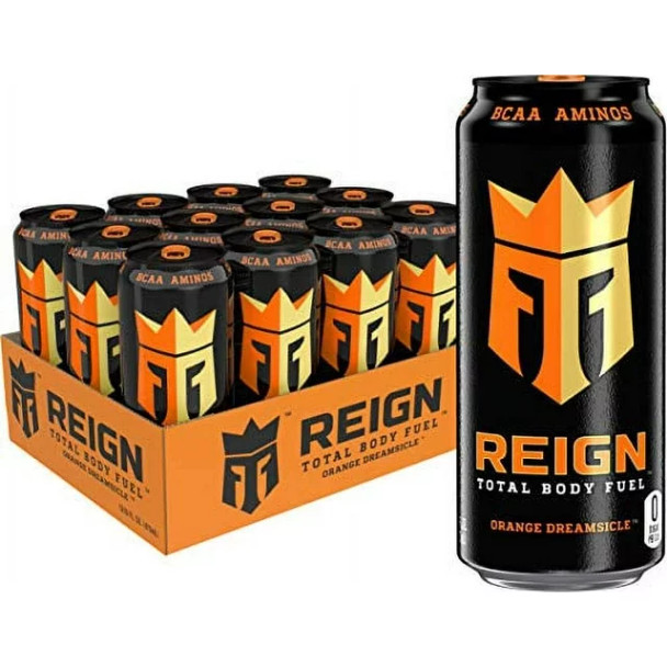A 12 pack of 16 ounce Reign Total Body Fuel orange dreamsicle