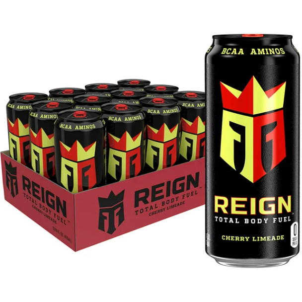 A 12 pack of 16 ounce Reign Total Body Fuel cherry limeade.