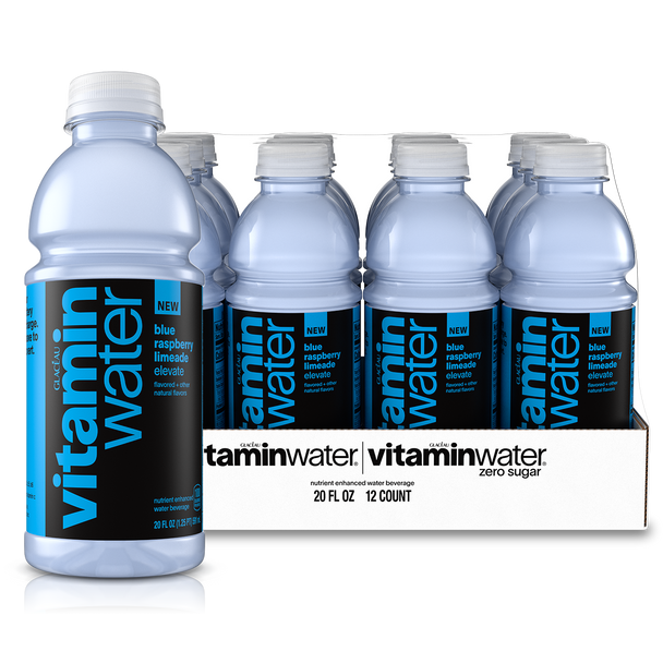 A 12 pack of 20 ounce vitaminwater elevate blue raspberry limeade