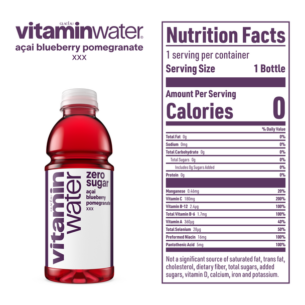 A nutrition label for a 20 ounce bottle of vitaminwater açai-blueberry pomegranate 