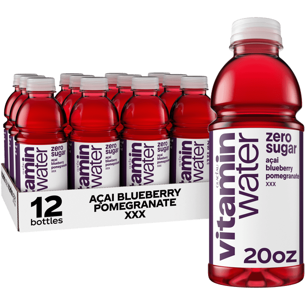 A 12 pack of 20 ounce vitaminwater zero sugar xxx açaí blueberry bottles.