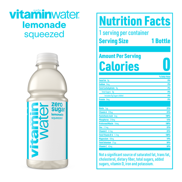 The nutrition label for a 20 ounce bottle of vitaminwater zero sugar squeezed, lemonade The nutrition label for a 20 ounce bottle of vitaminwater zero sugar squeezed, lemonade