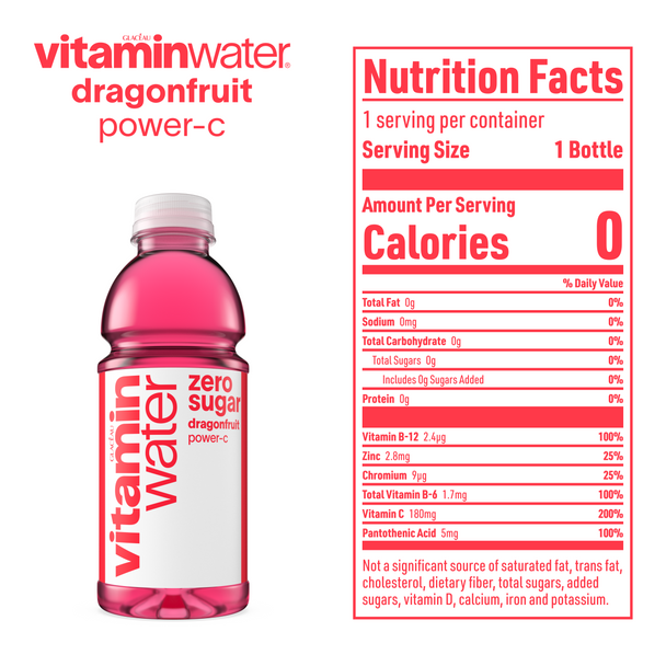 A nutrition label for a 20 ounce bottle of vitaminwater power-c dragionfruit