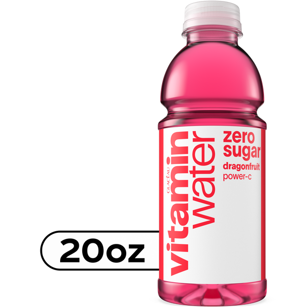 A 20 ounce bottle of vitaminwater zero sugar power-c dragonfruit