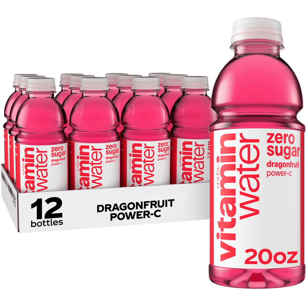 A 12 pack of 20 ounce vitaminwater zero sugar power-c dragon fruit bottles.