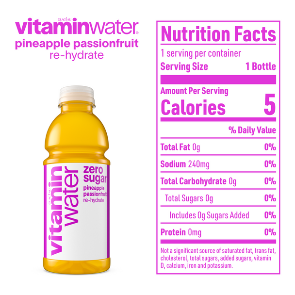 The nutrition label for a 20 ounce bottle of vitamin water pineapple passionfruit