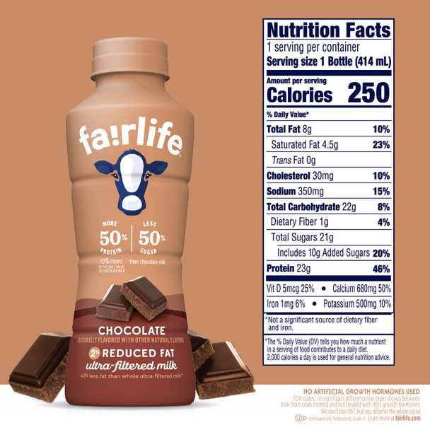 fairlife Chocolate 2% Reduced Fat Ultra-filtered Milk, 14 fl oz. 12 Pack