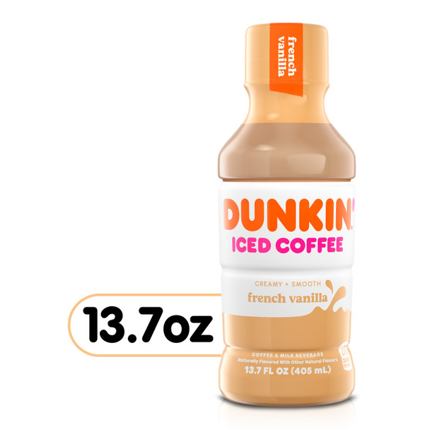 A 13.7 ounce bottle of Dunkin French Iced Coffee.