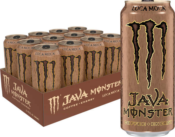 A 12 pack of 15 ounce Monster Java Loca Moca energy drinks.