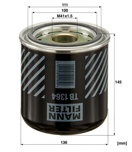 Cartucho del secador de aire, sistema de aire comprimido MANN-FILTER TB 1364 x 145mm 136mm