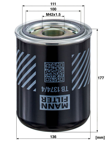 Cartucho del secador de aire, sistema de aire comprimido MANN-FILTER TB 1374/4 x 177mm 136mm