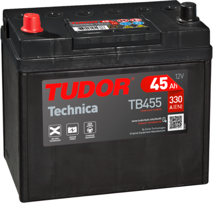Batería Tudor TB455 vista frontal con bornes