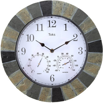 Lily's Home Hanging Wall Clock, Includes a Thermometer and Hygrometer and is Ideal for Indoor and Outdoor Use, Faux-Slate (14 Inches)