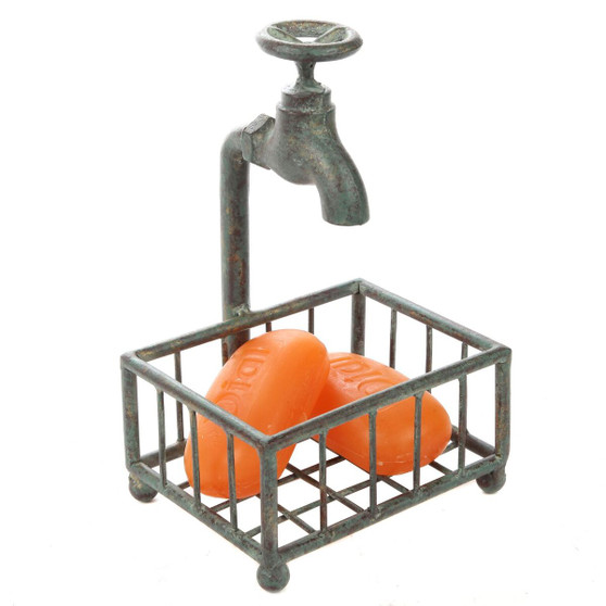 Lily's Home Vintage Rustic Bar Soap or Kitchen Sponge Holder, Basket Style with Country Design Crafted from an Old Spigot and is Ideal for Any Whimsical Décor Style, Green Patina