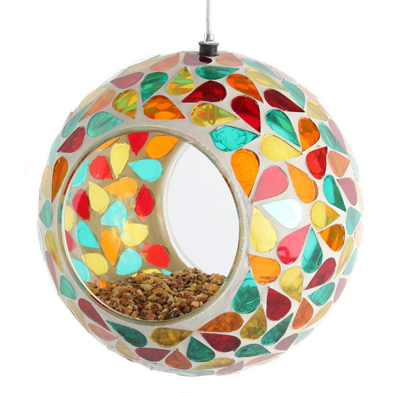 Lily's Home Hanging Outdoor Fly Through Wild Bird Feeder, an Excellent Addition to Any Garden, Mosaic. 5.5 Inches Diameter - Multi Color Droplets