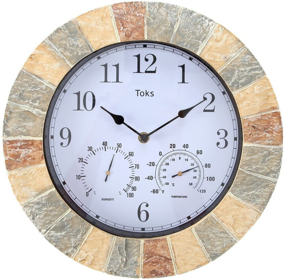 Lily's Home Hanging Wall Clock, Includes a Thermometer and Hygrometer and is Ideal for Indoor and Outdoor Use, Wonderful Housewarming Gift for Friends, Faux-Stone (14 Inches)