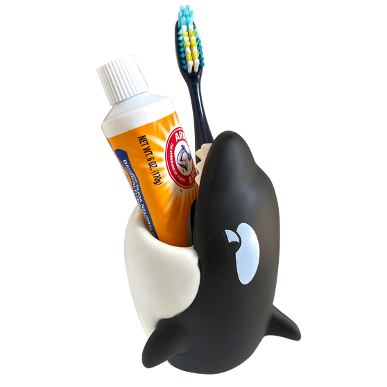 Lily's Home Fun Toothbrush Holder for Kids - Children's Bathroom Storage Organizer for Toothpaste and Toothbrushes. Also Great Holder for Pens, Pencils and Markers (Whale)