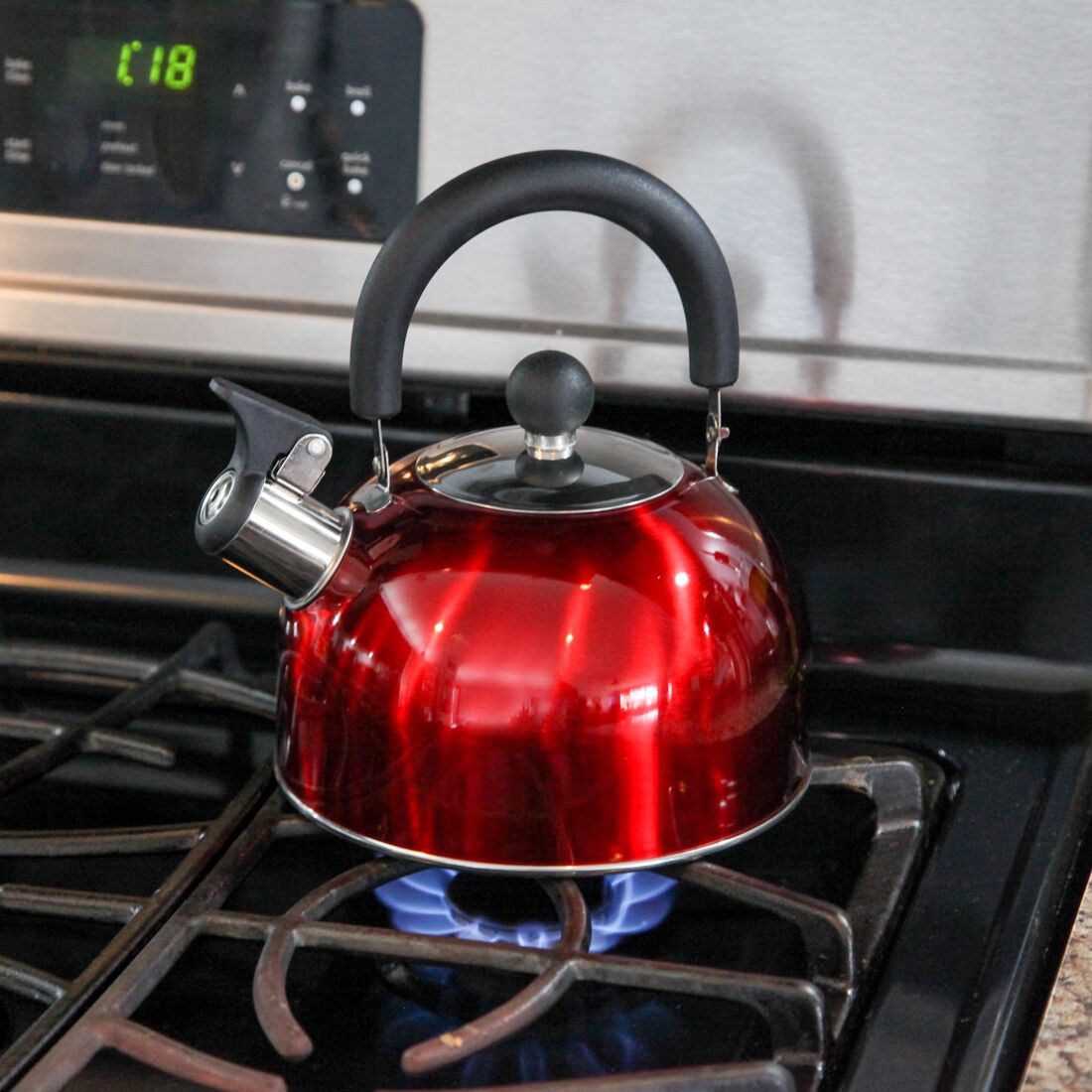 Supreme Housewares Stainless Steel Whistling Stovetop Kettle Color: Red, Capacity: 2.3 qts. 71511-W