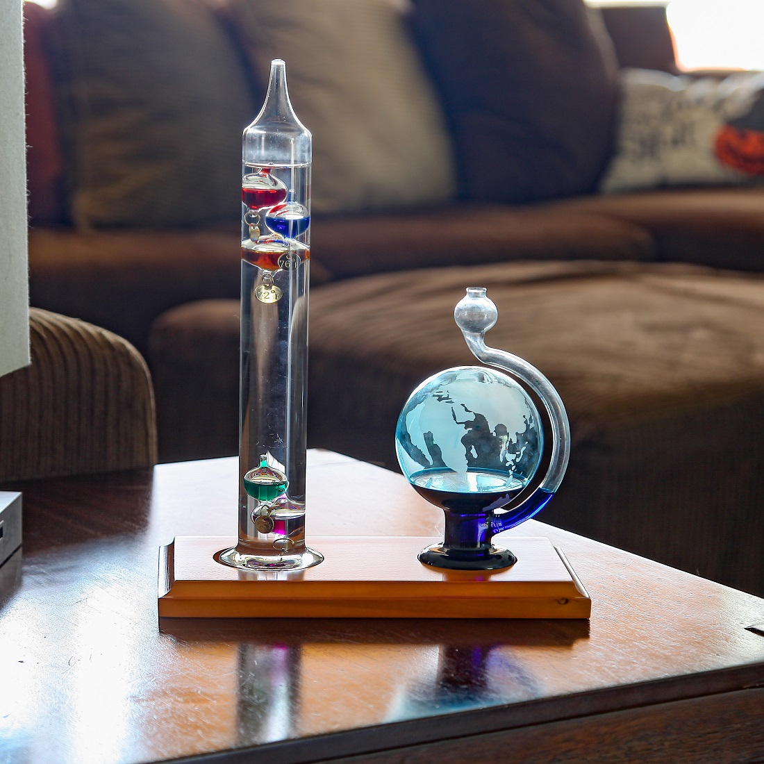 Galileo Thermometer with Beautiful Cherry Finish Wood Frame