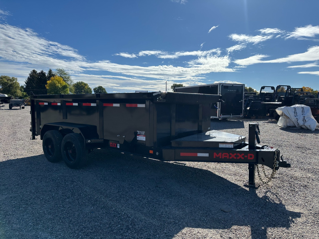 Maxx-D Trailers 2026 DJX 84"X14' Scissor Dump Trailer | Tandem Axle 16K, 2 Way Spreader, 36" Sides, Slide In Ramps, Tarp Kit, 12"OC Crossmembers, 7 Ga Floor, Wireless Remote