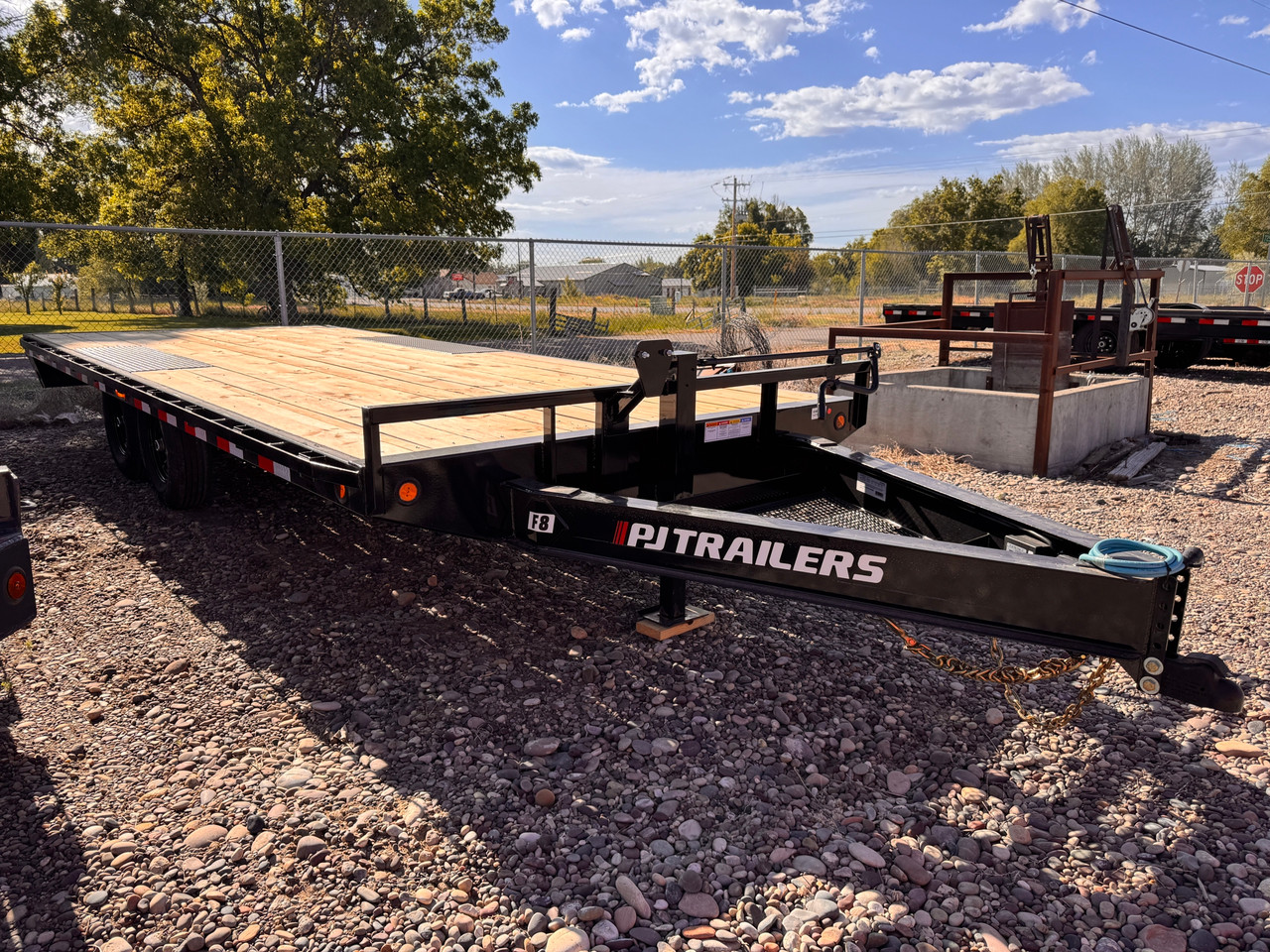 P.J. Trailers 2027 F8 20' Deckover Flatbed | Tandem Axle 10K, Extended Tongue, Open Storage Tray, Slide In Ramps, Straight Deck