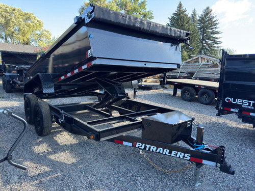 P.J. Trailers 2027 D7 83"X14' Scissor Dump Trailer | Tandem Axle 14K, 6" Channel, 24" Sides, Spreader Gate, Scissor Lift, Tarp Kit, Slide In Ramps