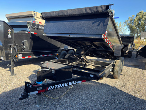 P.J. Trailers 2027 D7 83"X14' Scissor Dump Trailer | Tandem Axle 14K, 6" Channel, 24" Sides, Spreader Gate, Scissor Lift, Tarp Kit, Slide In Ramps