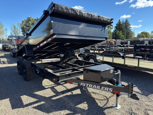 P.J. Trailers 2027 D7 83"X14' Scissor Dump Trailer | Tandem Axle 14K, 6" Channel, 24" Sides, Spreader Gate, Scissor Lift, Tarp Kit, Slide In Ramps