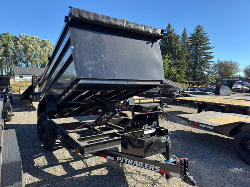 P.J. Trailers 2027 D7 83"X14' Scissor Dump Trailer | Tandem Axle 14K, 6" Channel, 48" Sides, Spreader Gate, Scissor Lift, Tarp Kit, Slide In Ramps