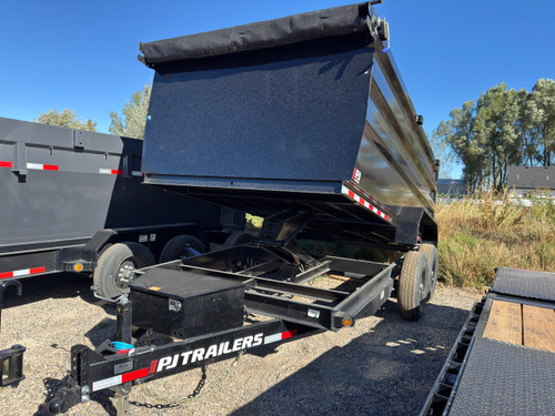 P.J. Trailers 2027 D7 83"X14' Scissor Dump Trailer | Tandem Axle 14K, 6" Channel, 48" Sides, Spreader Gate, Scissor Lift, Tarp Kit, Slide In Ramps
